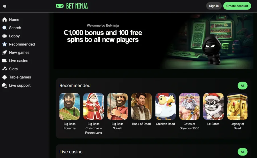 Betninja non gamstop casinos homepage interface screenshot