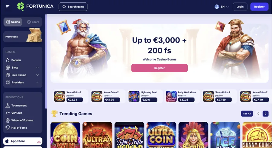 Fortunica non gamstop casinos homepage interface screenshot