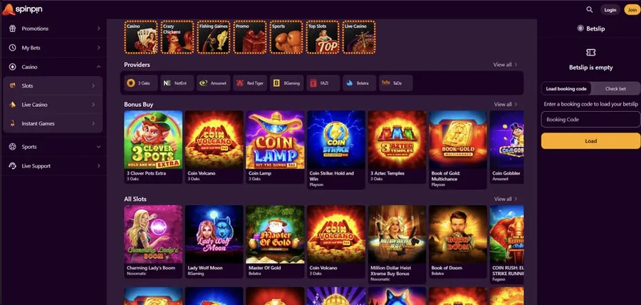 Spinpin non gamstop casinos homepage interface screenshot